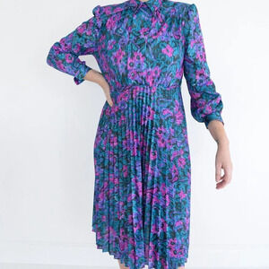 Vintage 80's Purple  & Blue Floral Pleated Peplum Midi Long Sleeve Dress